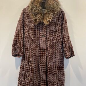 Anthropologie Tiny Plaid Coat with Faux Fur Collar
